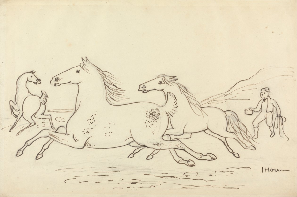 三頭の馬と厩舎の若者 作： ジェームス・ハウ