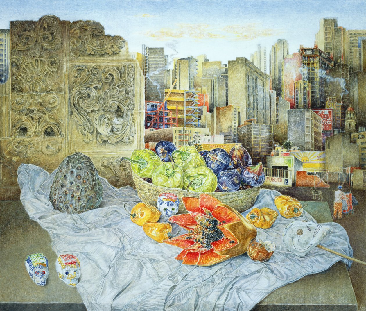 パパイヤと都市景観のある静物、2000 作： ジェームス・リーブ