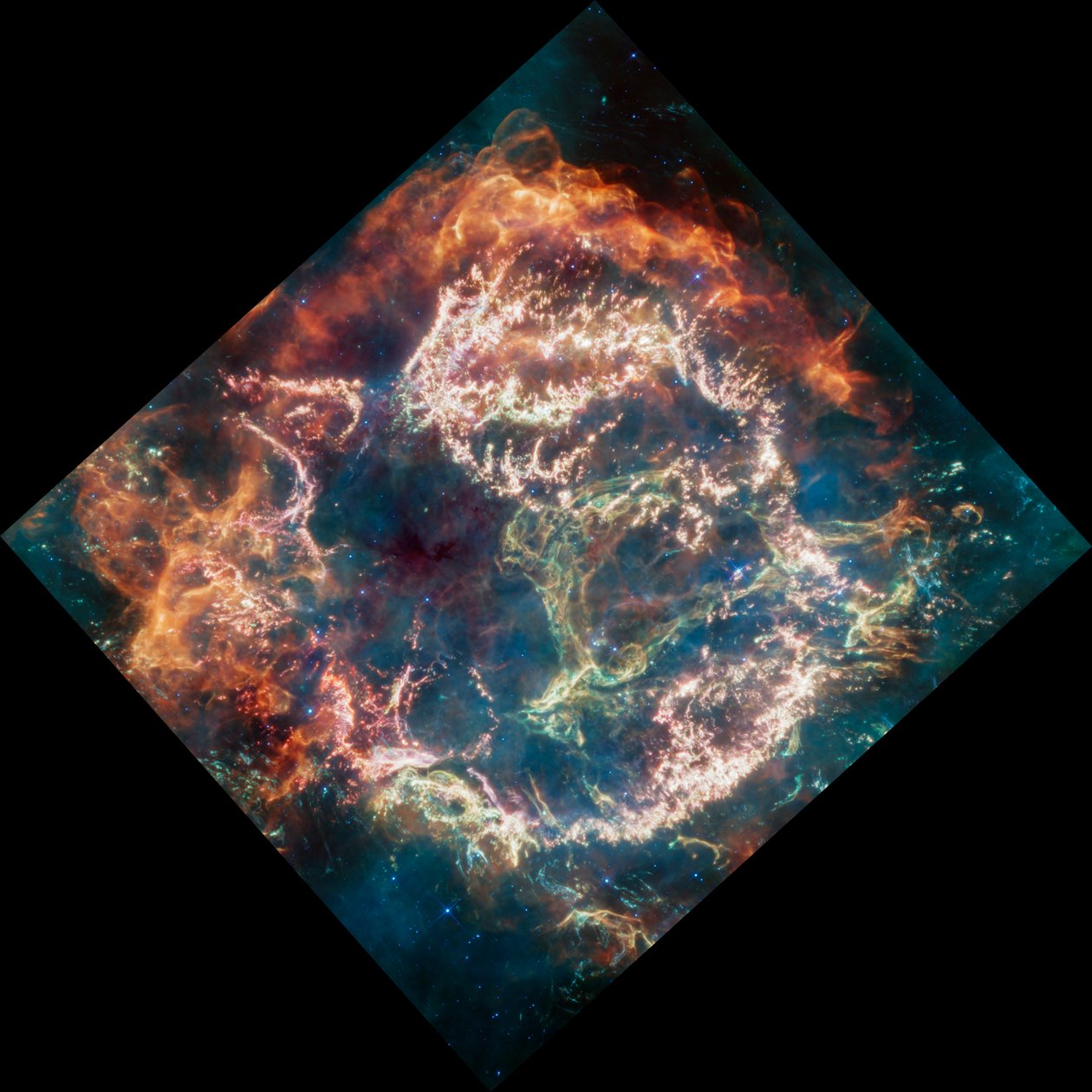カシオペア座A（MIRI画像） 作： ジェイムズウェッブ宇宙望遠鏡（NASA）