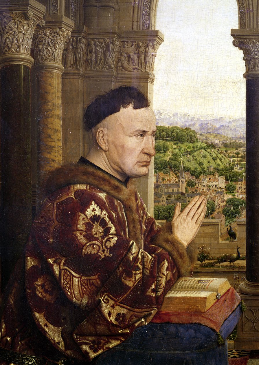 ニコラ・ロリン首相（1376-1462）c.1435のロリン・マドンナ（La Vierge de Chancellier Rolin）の詳細 作： ヤン・ファン・エイク