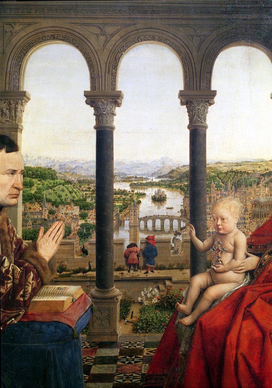 ロリンマドンナ（La Vierge de Chancelier Rolin）、柱の間の眺めの詳細、c.1435（2993も参照） 作： ヤン・ファン・エイク