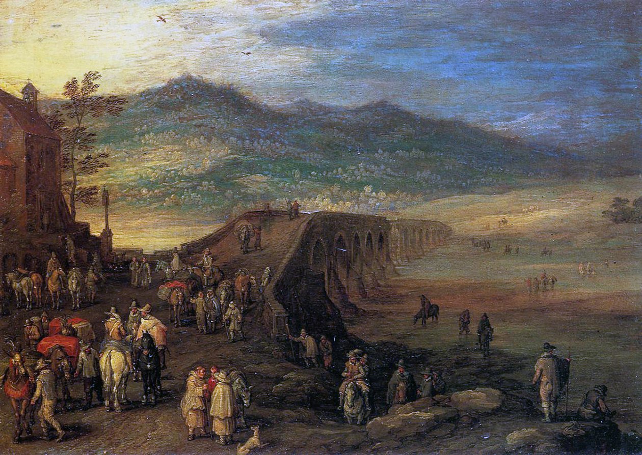 タラベラ橋の旅人、1610年（銅に油彩） 作： ヤン・ザ・エルダー・ブリューゲル