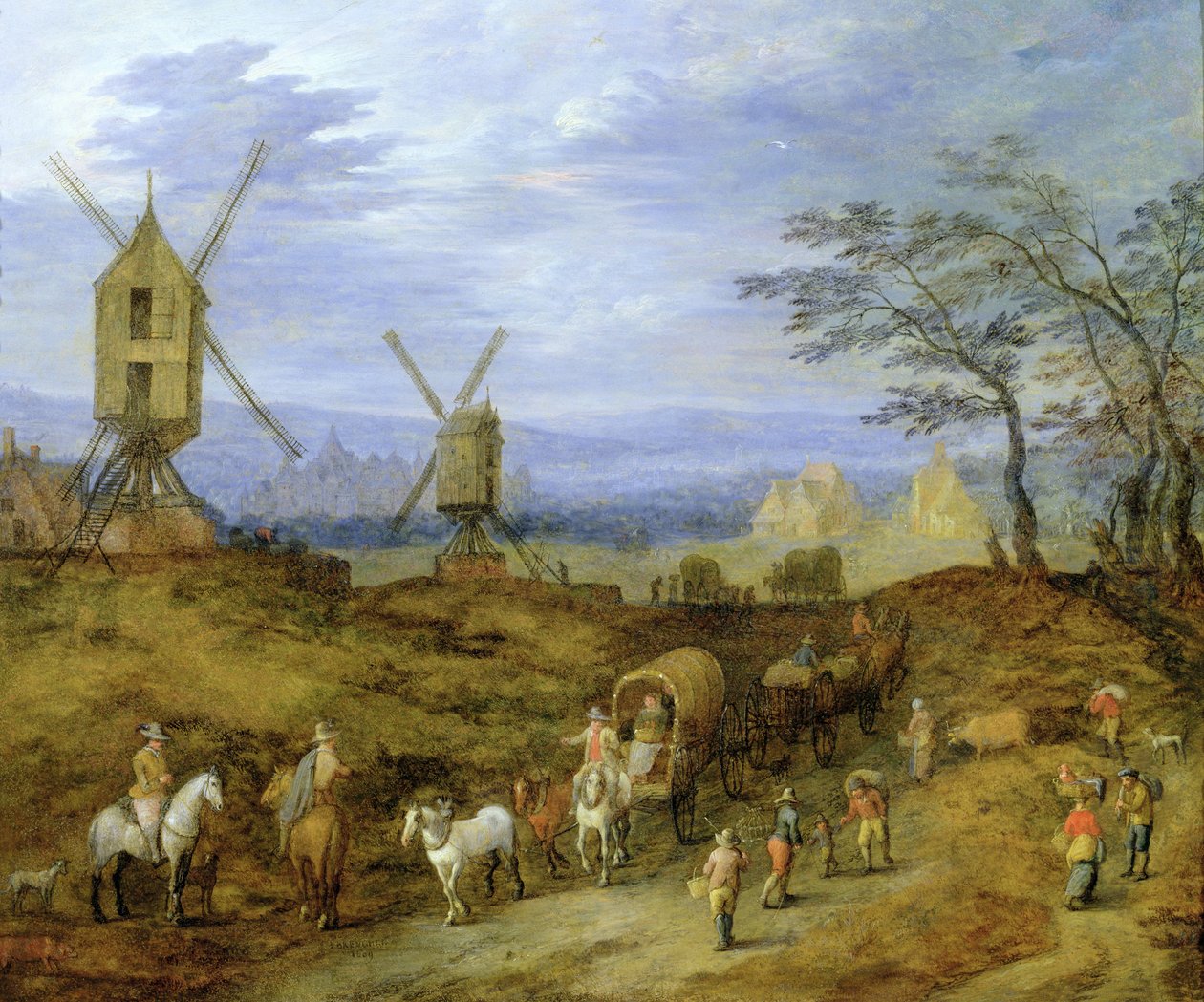 風車近くの旅行者のいる風景 作： Jan Brueghel the Younger