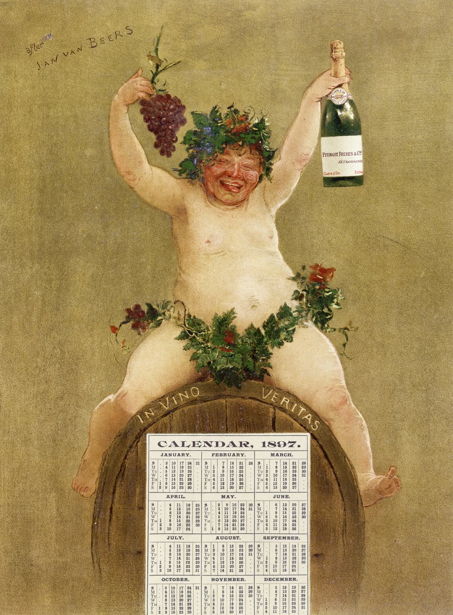 Pfungst Freres Champagneのプロモーションカレンダー。1897年に伝説の「In Vino Veritas」が描かれたバレルに座ったバッカスが描かれています。 作： ヤン・ファン・ビアス