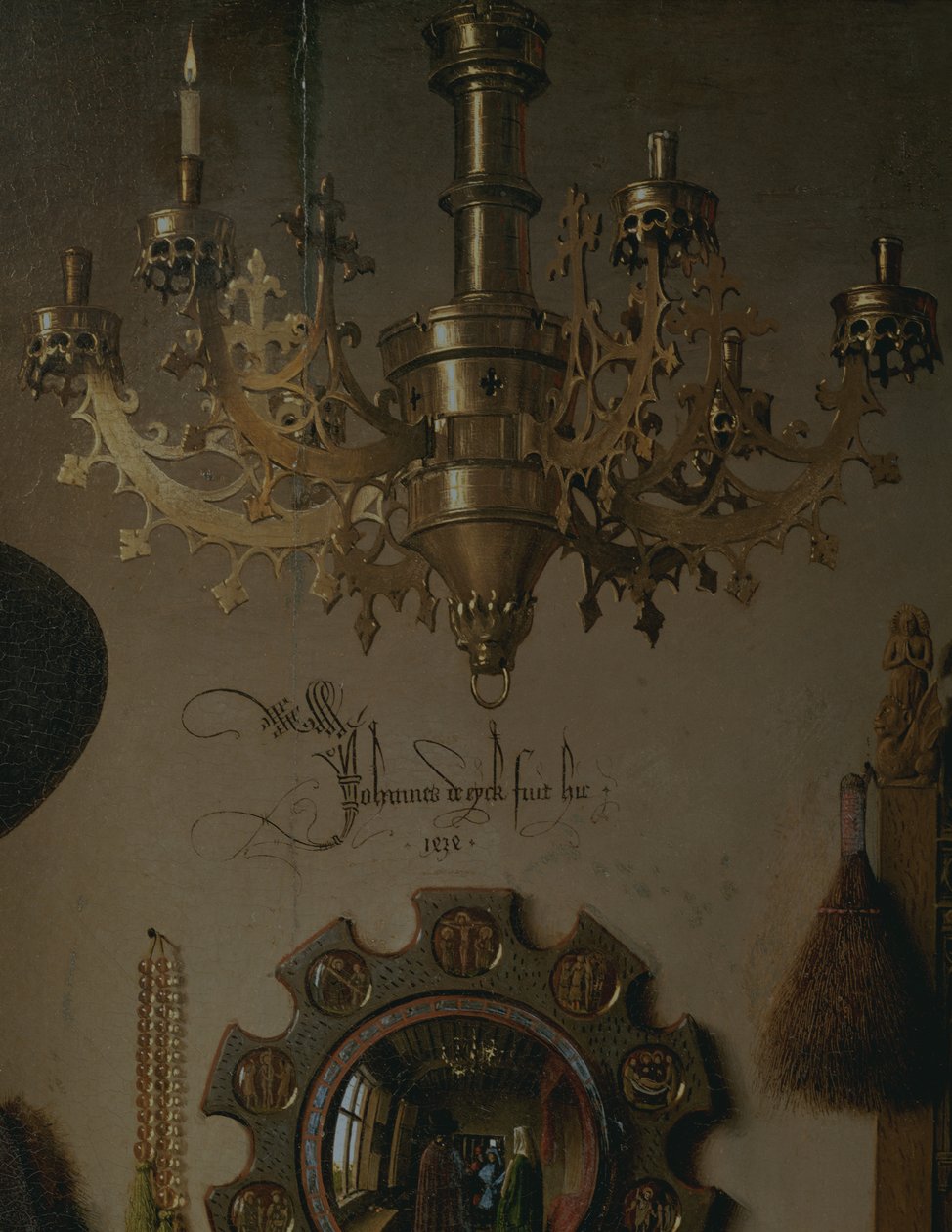 ジョバンニの肖像？アルノルフィーニと妻のジョヴァンナ・チェナミ？ Arnolfini Marriage 1434オイル、1765年のパネル詳細 作： ヤン・ファン・エイク