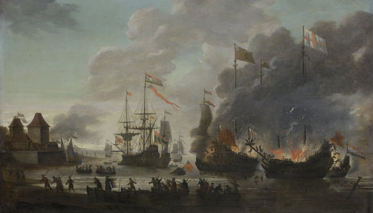 1667年6月20日のチャタムへの遠征中にオランダ船がイギリス船を輸送（メドウェイ襲撃）、1667年 作： ヤン・ヴァン・レイデン