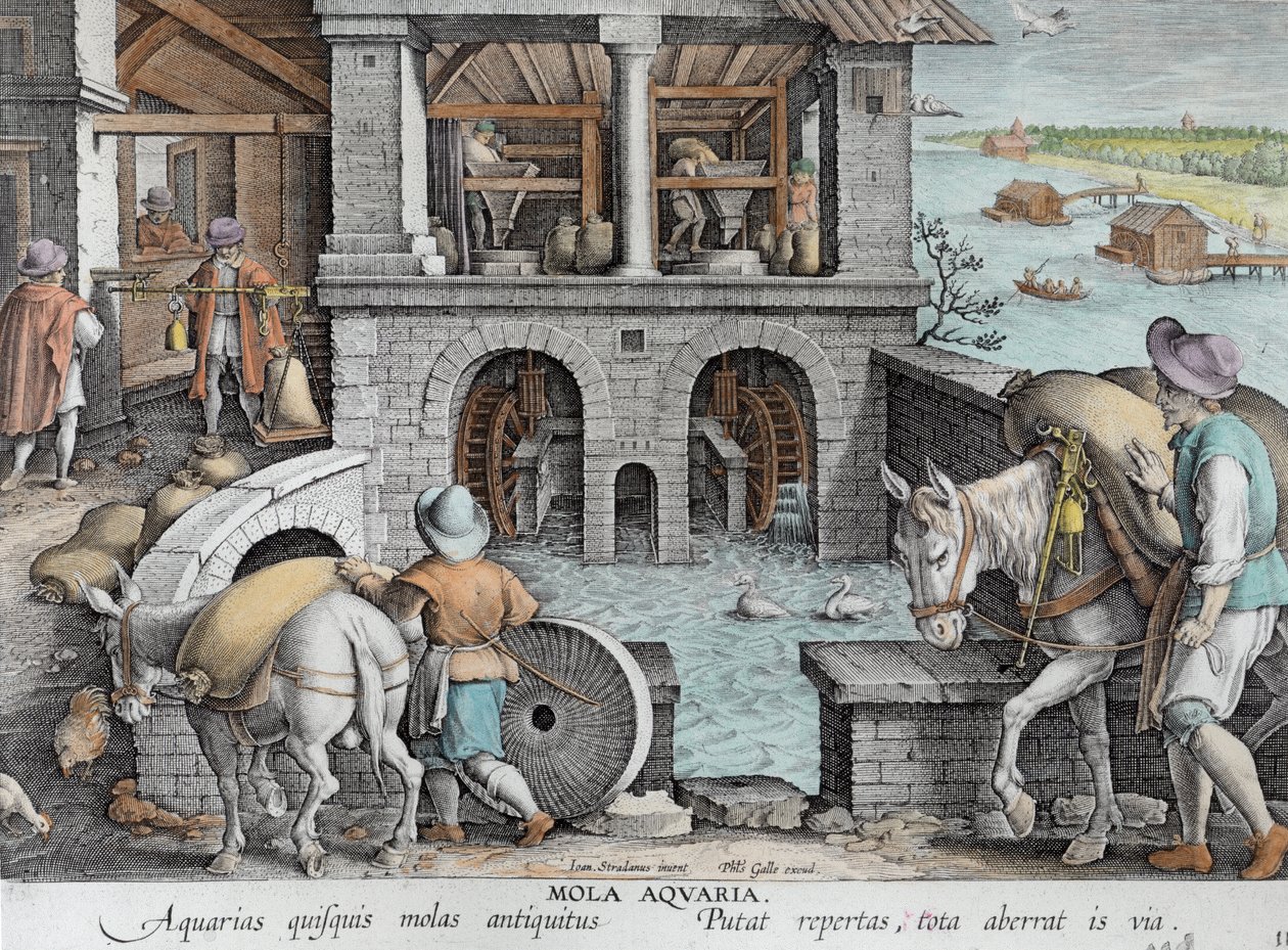 フィリップゴール（1537-1612）c.1600（後の色付け）で彫刻された水車小屋、「ノヴァレペルタ」（新発見）のプレート11 作： ヤン・ファン・デル・ストレイト