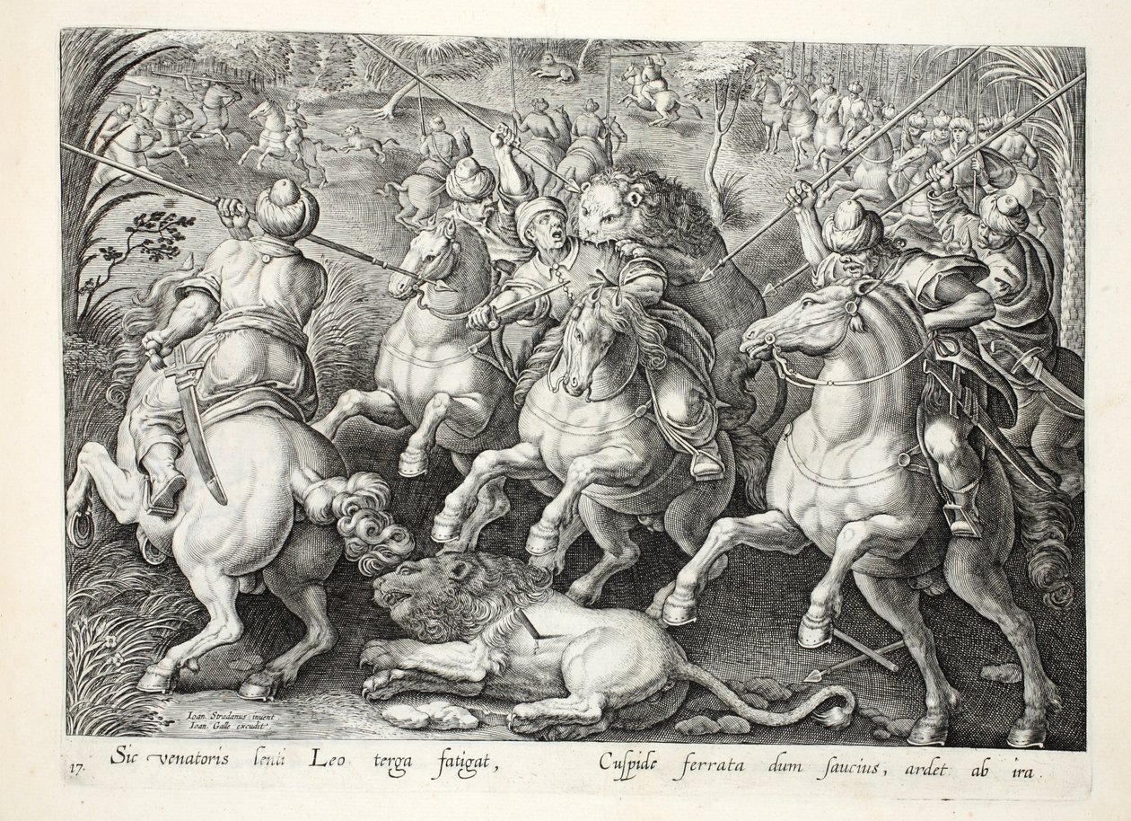 Jan Collaert（1566-1628）によって刻まれた &39;Venationes、Ferarum、Avium、Piscium&39;（Of Hunting：Wild Beasts、Birds、Fish）からの槍のライオン狩り、パブ。 Phillipus Gallaeus、アムステルダム（en 作： ヤン・ファン・デル・ストレイト