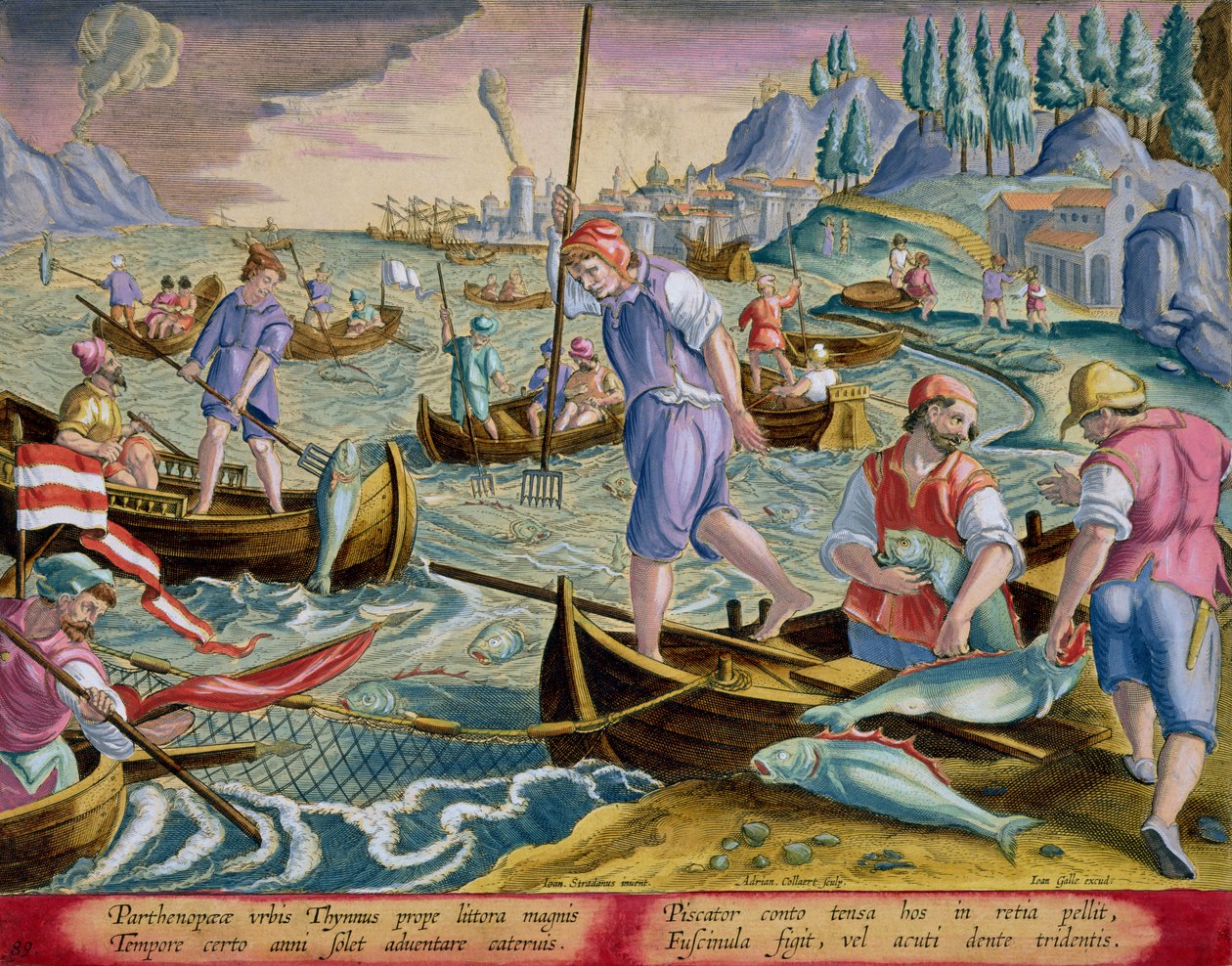 ナポリ湾の網とトライデントを使った釣り、フィリップが出版したヤンコラート（1566-1628）によって彫刻された「狩猟：野獣、鳥、魚」の「ヴェネツィアフェララム、アビウム、ピシウム」のプレート89 作： ヤン・ファン・デル・ストレイト
