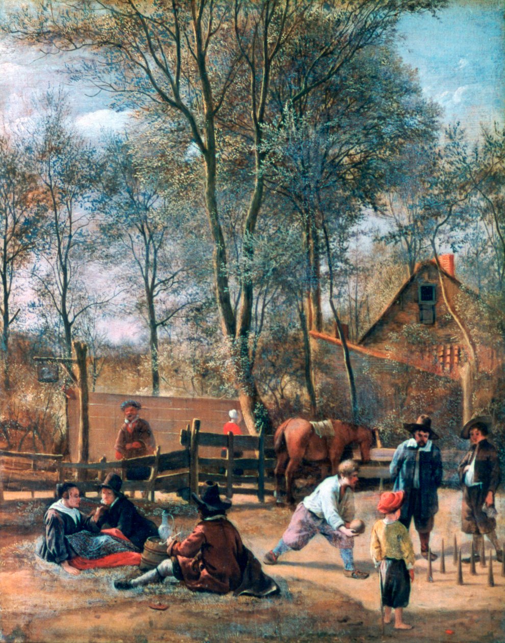 「旅館の外のスキトル奏者」、c1660 作： Jan Steen