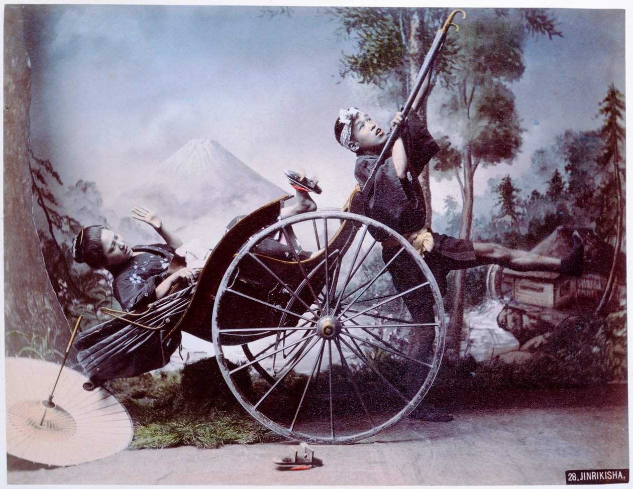 人力車事故、1900年頃（カラー写真） 作： 日本の写真家