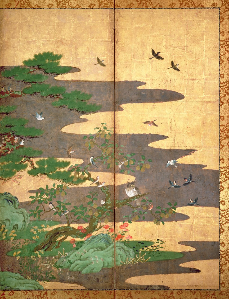 秋と冬の花を持つ鳥（パネル上にペンとインク、色、金の紙）（216542、216543、216544を参照） 作： 日本語学校