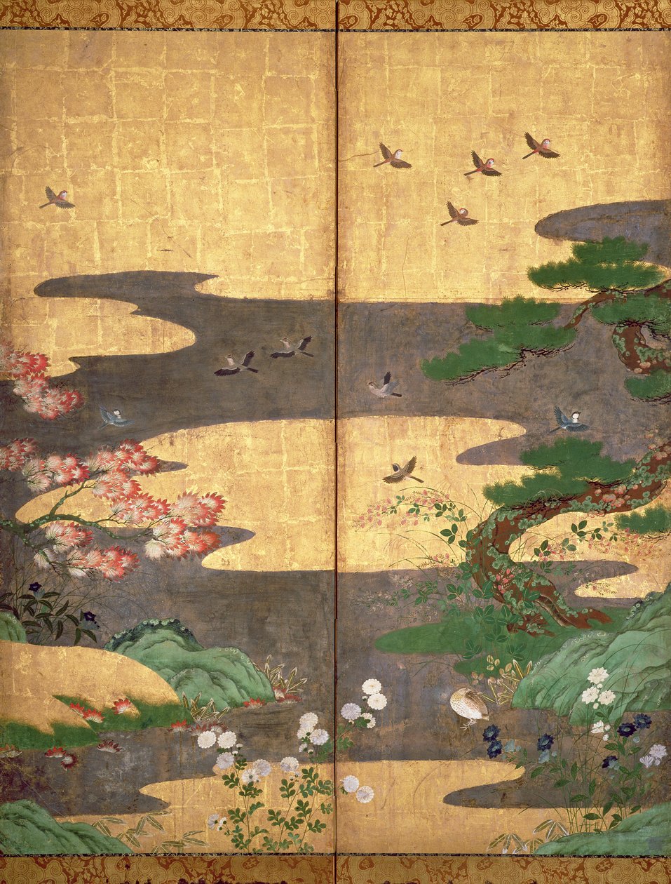 秋と冬の花を持つ鳥（パネルにペンとインク、色、金の紙）（216542、216543、216545を参照） 作： 日本語学校