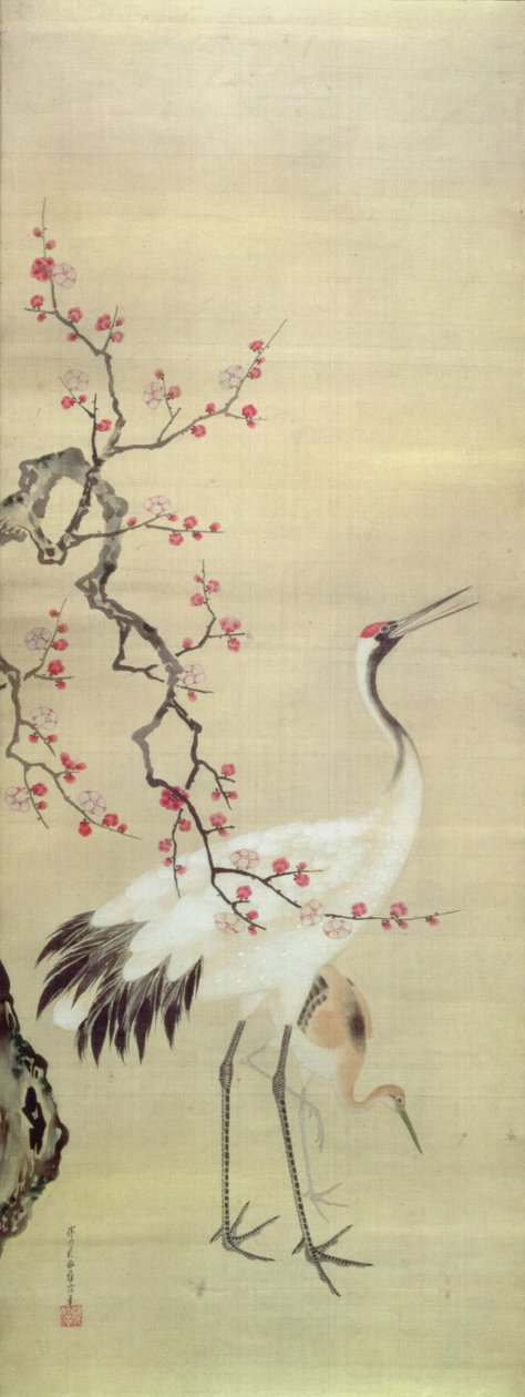 鶴と花、1850〜80年頃（絹のインクと色） 作： 日本語学校