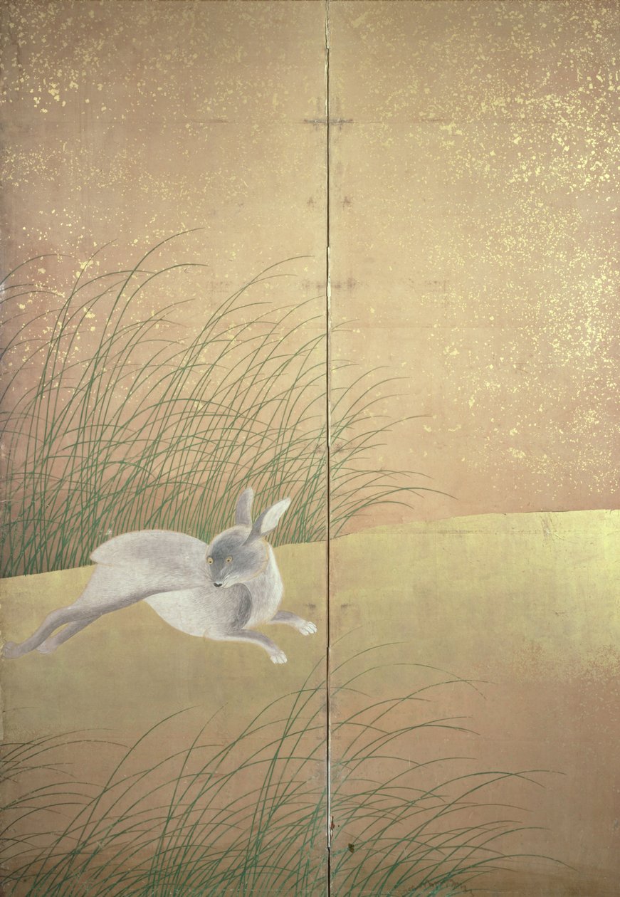 うさぎと秋の草、c.1700（紙にインク、色、金） 作： 日本語学校