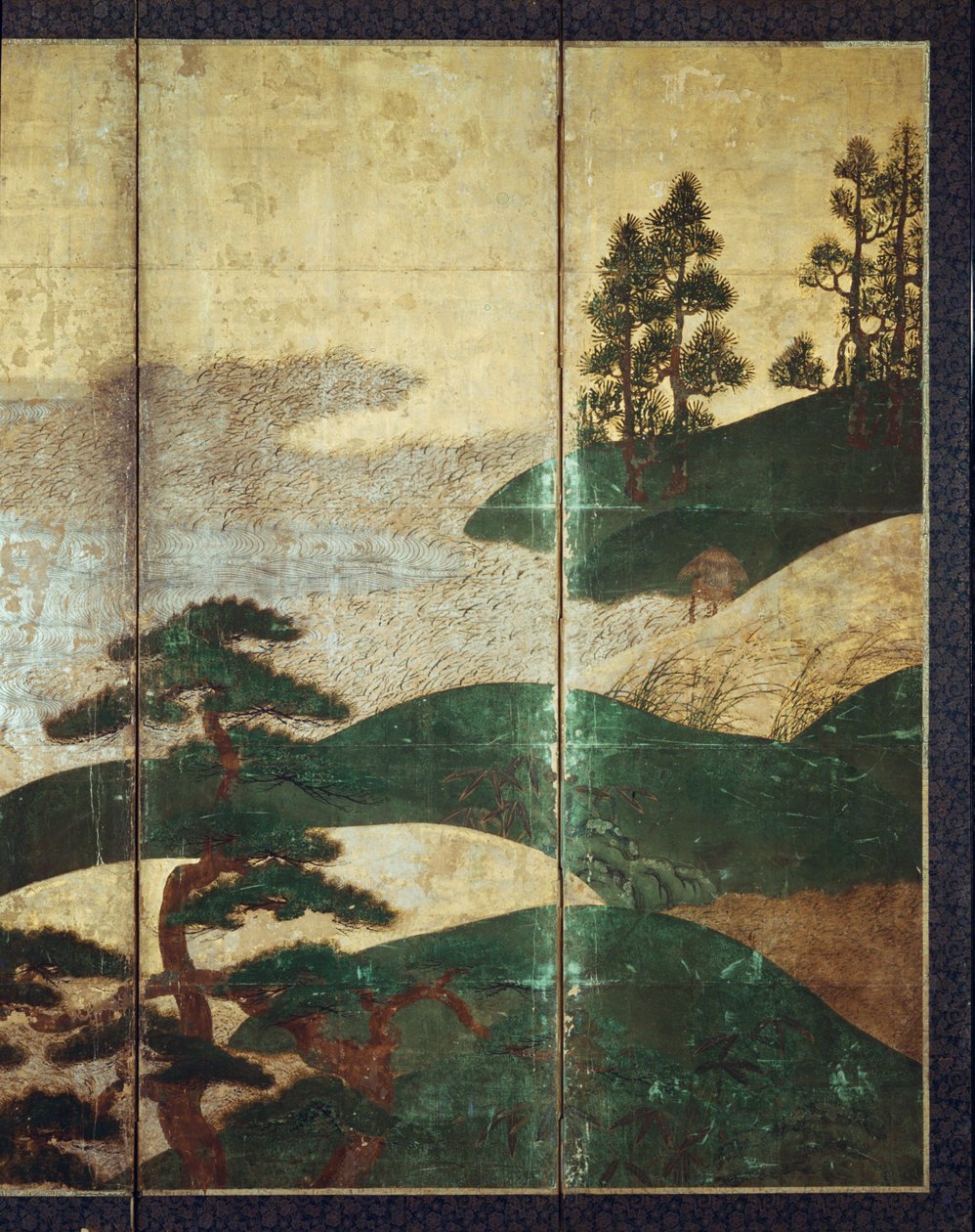 月光の風景（ペンとインク、色、パネル上の金の紙）（216573、216574を参照） 作： 日本語学校