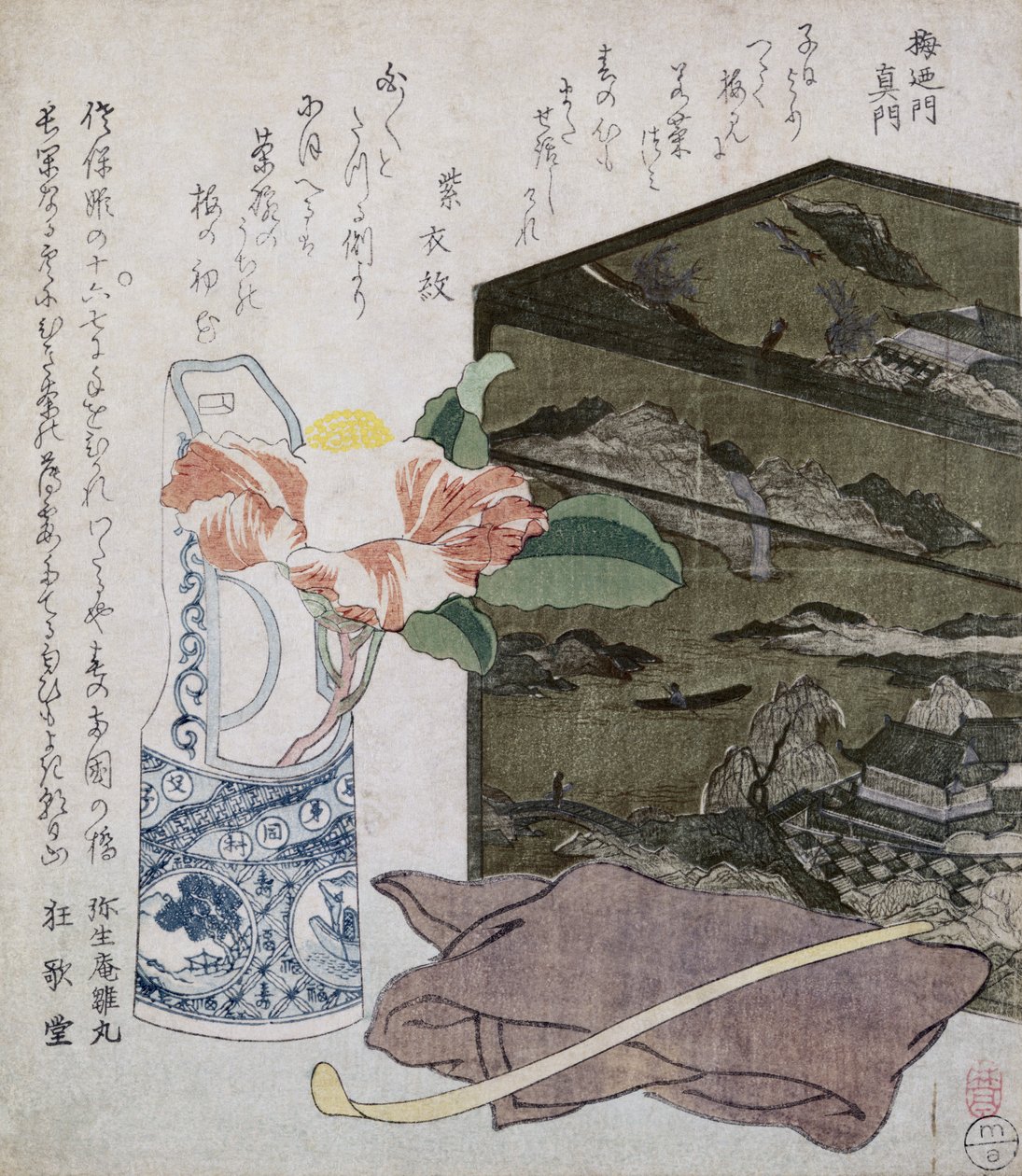 カメリアのある静物、1820年頃（カラー木版画） 作： 日本語学校
