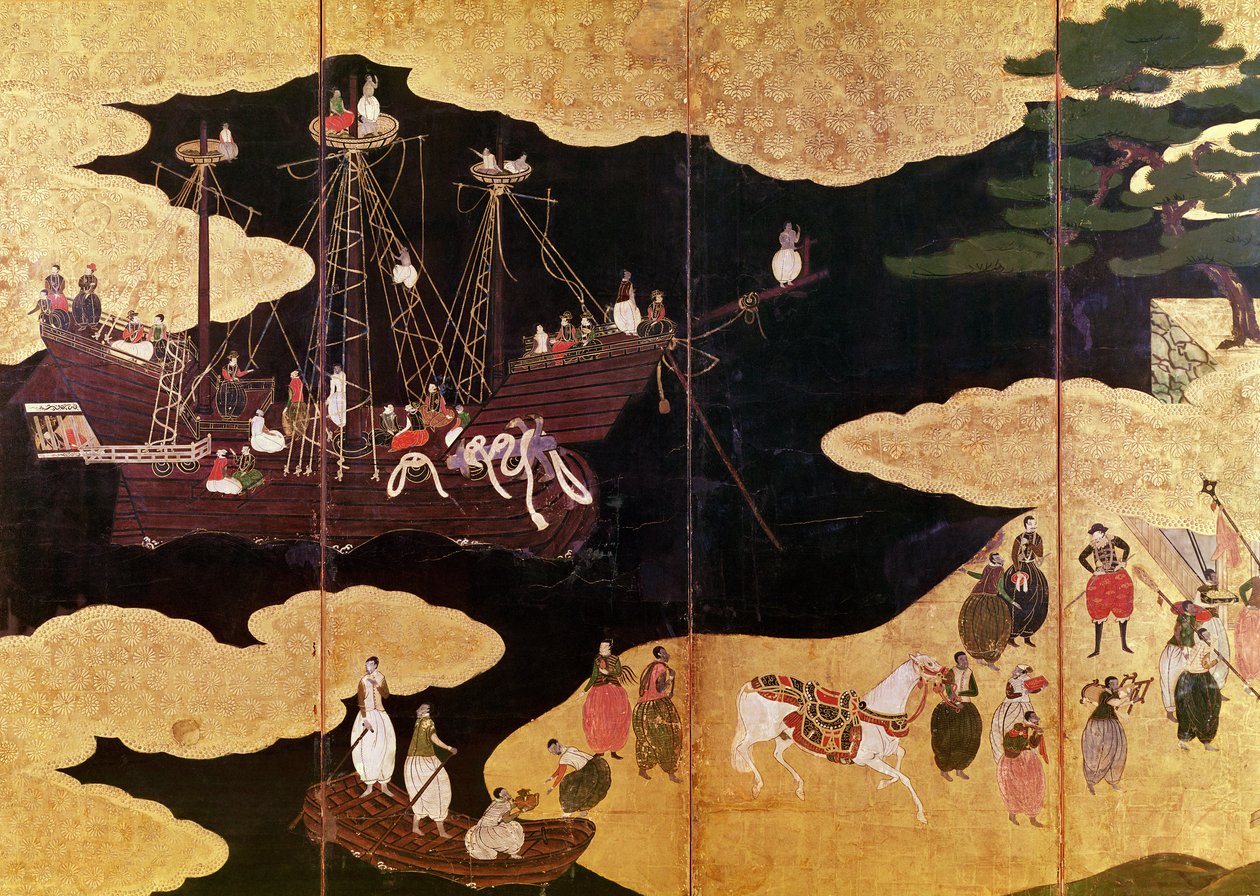 日本のポルトガル人の到着、屏風の左側部分の詳細、狩野派（漆） 作： 日本語学校