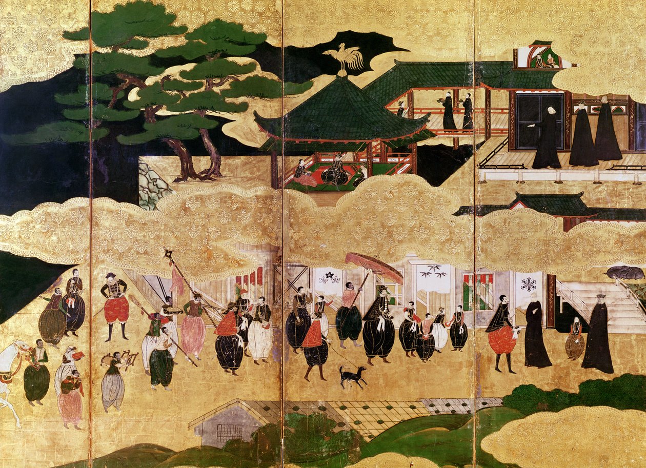 日本のポルトガル人の到着、屏風の右側部分の詳細、狩野派（漆） 作： 日本語学校
