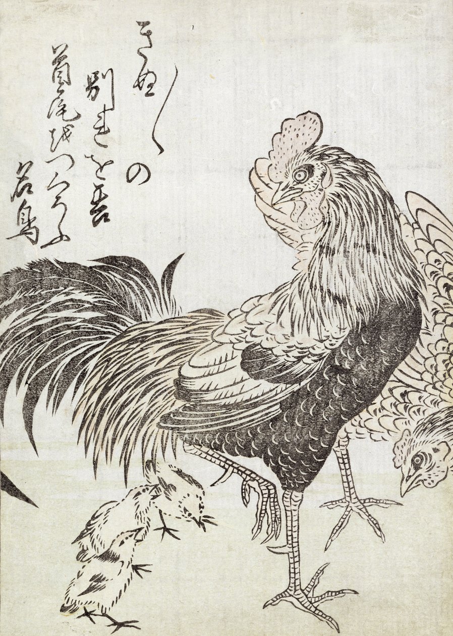 鶏、雄鶏、鶏（木版画） 作： 日本語学校