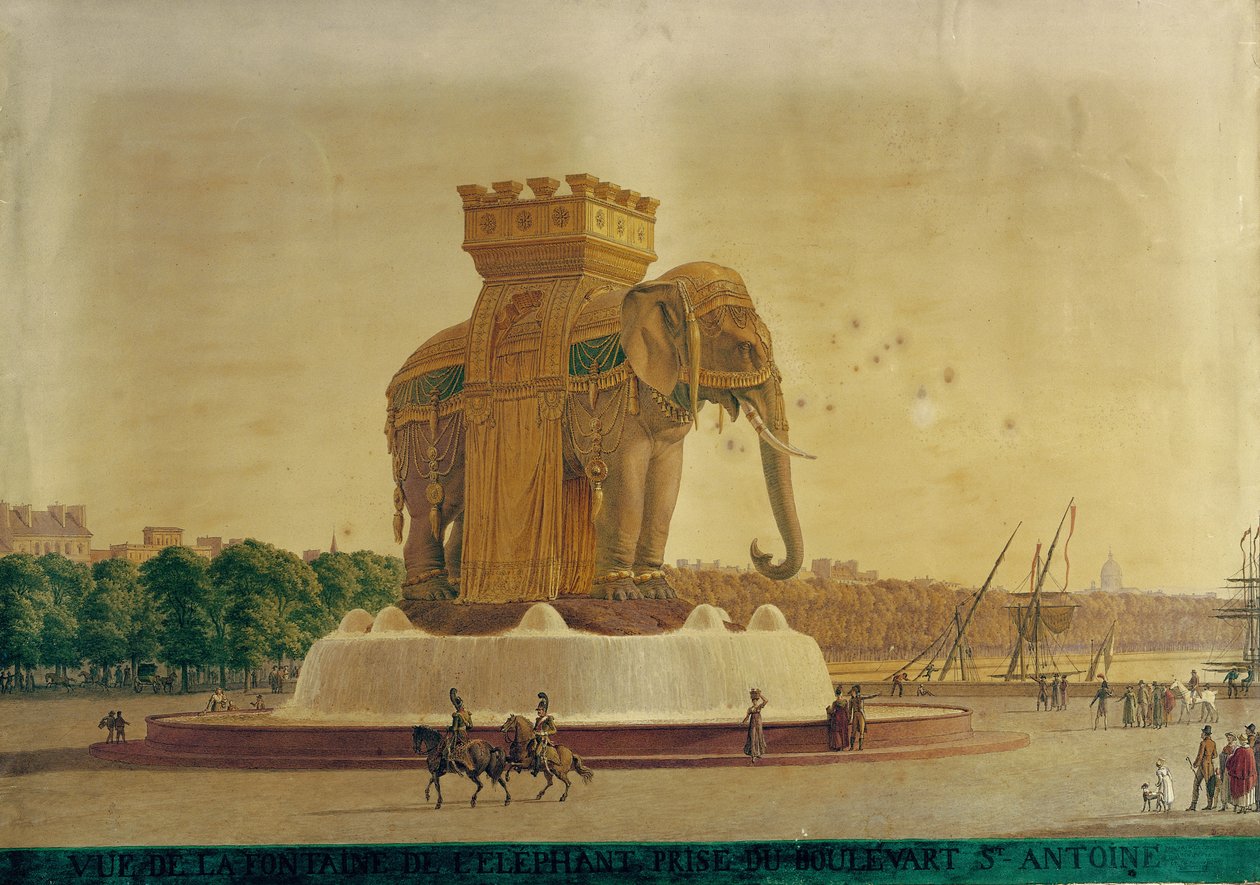 バスティーユ広場での象の噴水の眺め、1805-1810年頃（紙にトイレ） 作： ジャン・アントワーヌ・アラボイン