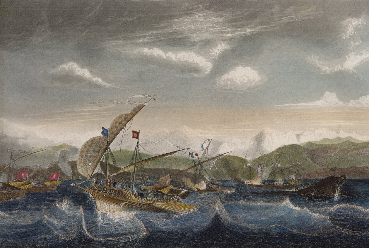 アンドレアドリアが1524年にVarの口の前にスペイン艦隊を分散させた（カラー彫刻） 作： ジャン・アントワーヌ・テオドール・グディン