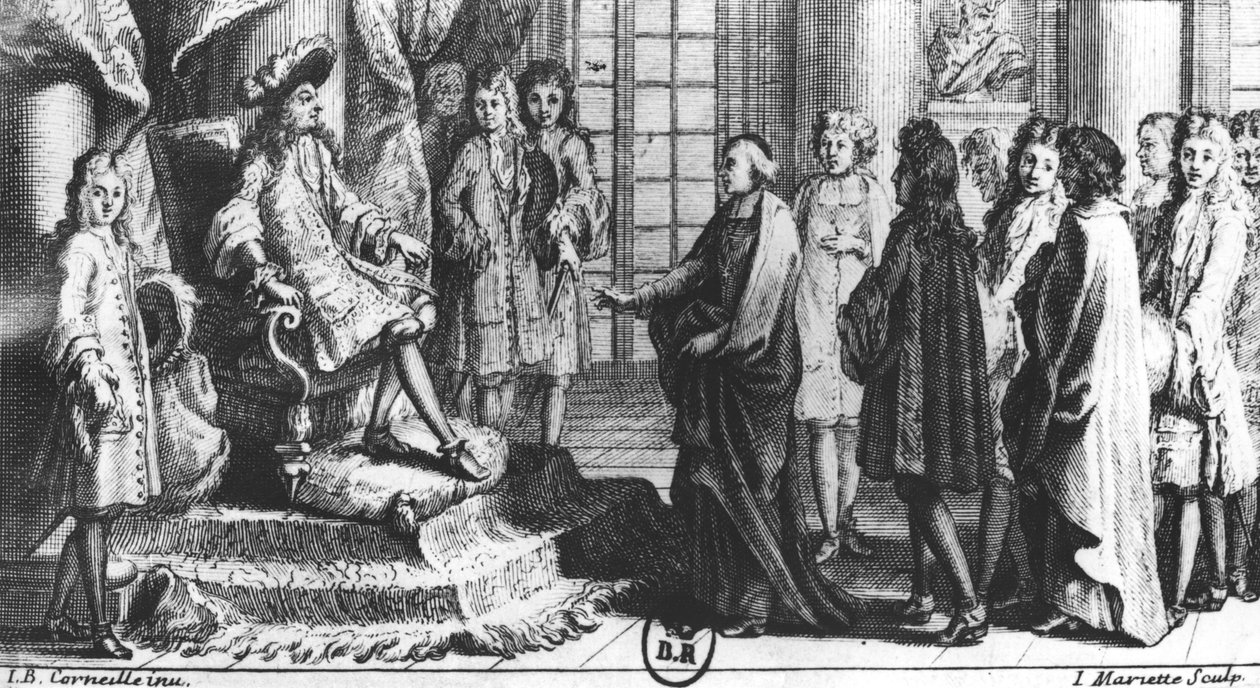 フランスアカデミーのメンバーが1694年にルイ14世（1638-1715）に辞書を提示し、ジャンマリエット（1660-1742）によって彫刻されました 作： ジャン・バプティスト・コルネイユ