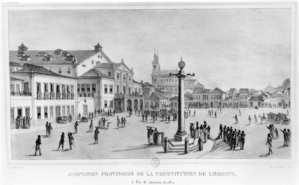 リスボン憲法の一時的承認、リオデジャネイロ、1821年、「ブラジルへの絵のような歴史的な航海」、1835年のパリのイラスト 作： ジャン・バプティスト・デブレット