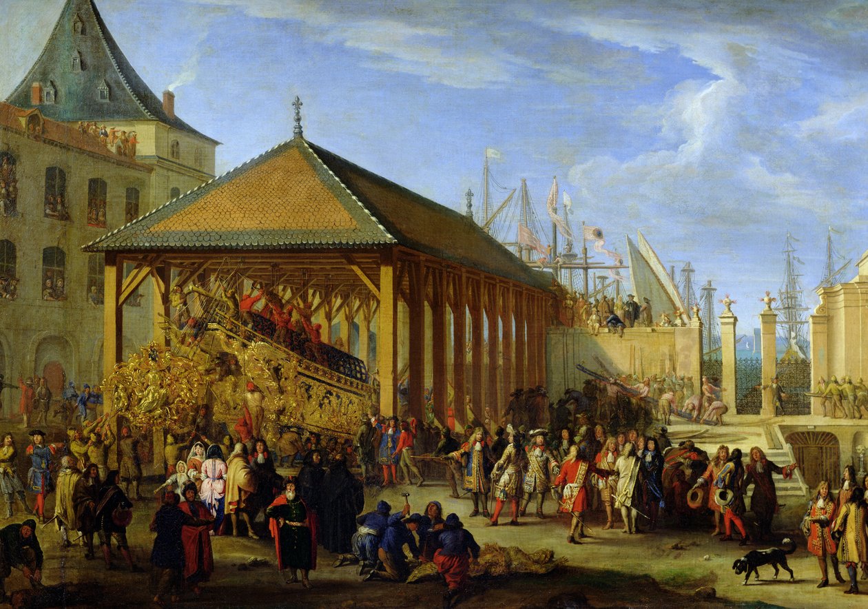 ジャンバプティストコルベール（1651-90）セーヌレー侯爵とルイビクタードロシュシュアール（1636-88）1669年、マルセイユアーセナルにあるガレオン船「レアーレドフランス」を訪問、1679年頃（石油 作： ジャン・バプティスト・イ・ド・ラ・ローズ