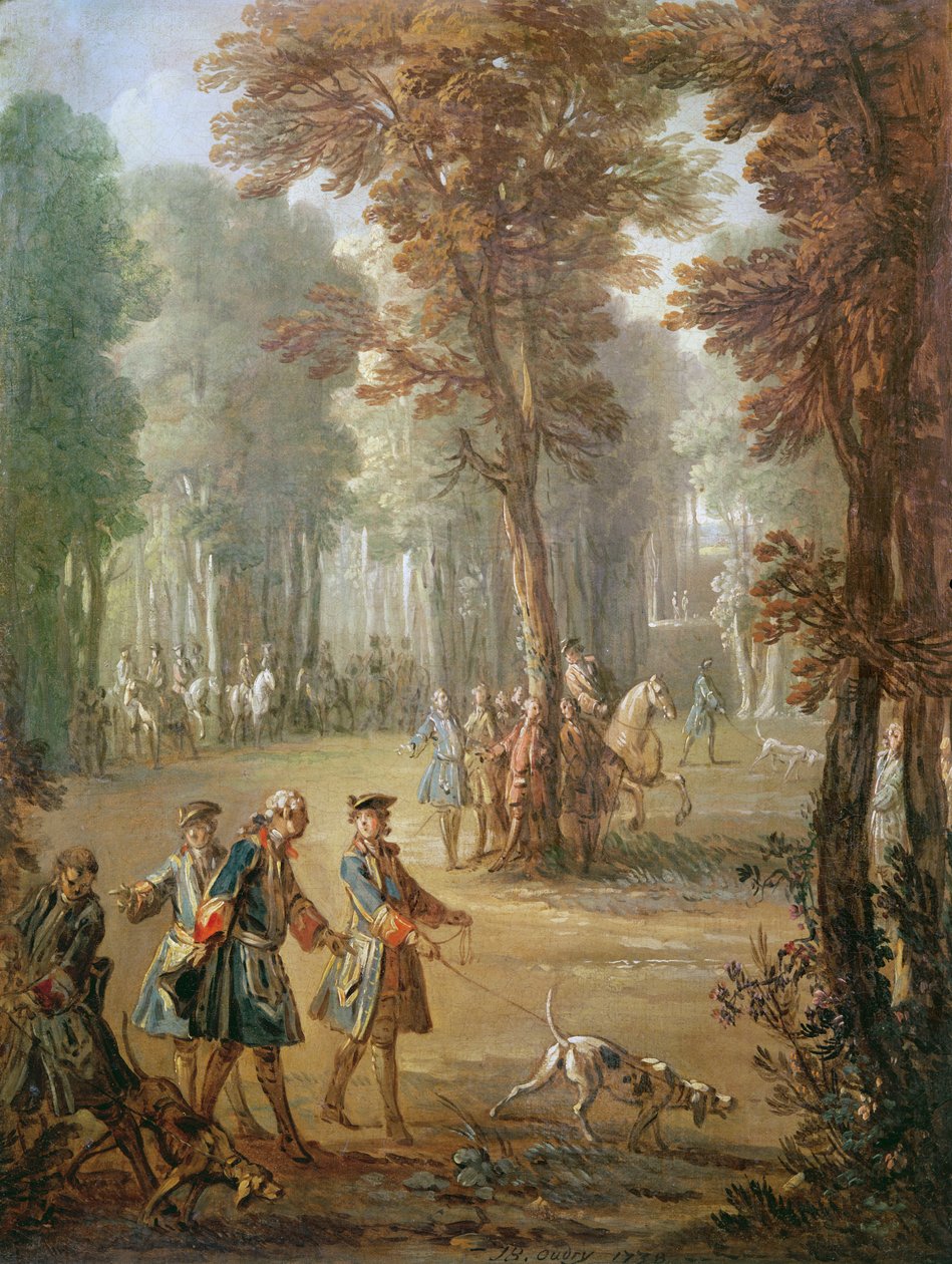 Louis XV（1710-74）と彼のブラッドハウンド（ピュイズ）、タペストリーの漫画、1738（3328も参照） 作： ジャン・バプティスト・オードリー