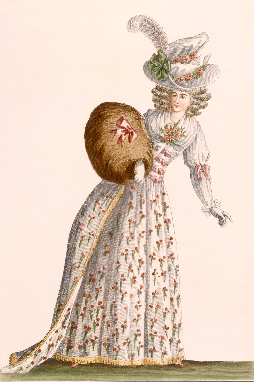 「Galeries des Modes et Costumes Francais」、c.1778-87 99：衣類からの小さな花で刺繍された女性のガウン。伝統的なドレス;伝統的な衣装;ファッション;図; c 作： ジャン・フロレント・デフレイン