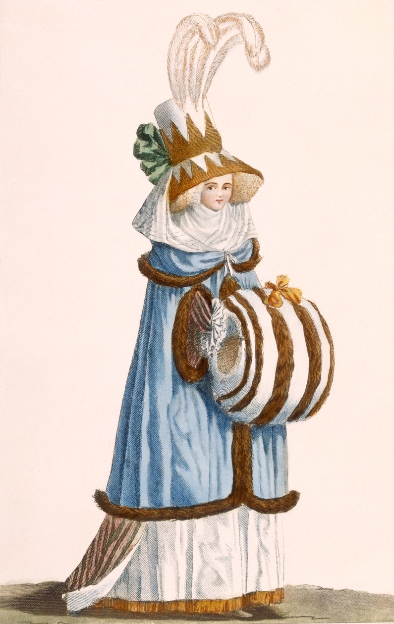 RobeàL&39;Anglaise、chapeauàla Theadore、 &39;Galeries des Modes et Costumes Francais&39;、c.1778-87 99のプレート：衣服。伝統的なドレス;伝統的な衣装;ファッション; illustratio 作： ジャン・フロレント・デフレイン