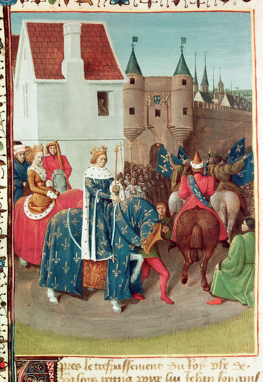 Ms Fr 6465 f.378vパリ国王ジャンII世（1319-64）への入場、「ボンブローニュのレボンとジャンヌ女王」、1460年頃 作： ジャン・フーケ