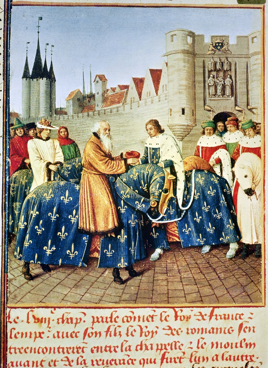 1465年1月、パリのポルトデュテンプルでチャールズ4世（1316-78）を迎えたFr 6465 fol.444シャルル5世（1338-80）、1460年頃の「Les Grandes Chroniques de France」から 作： ジャン・フーケ