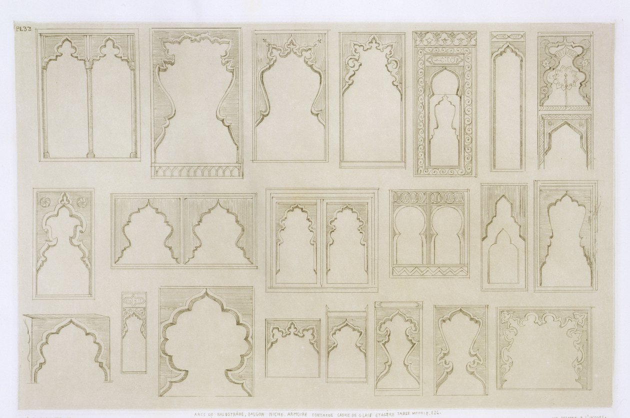 バルコニー、窓などのイスラム様式とムーア様式のアーチデザイン、「芸術と産業」、1857年、パリ、デラトル発行 作： ジャン・フランソワ・アルバニス・ド・ボーモン