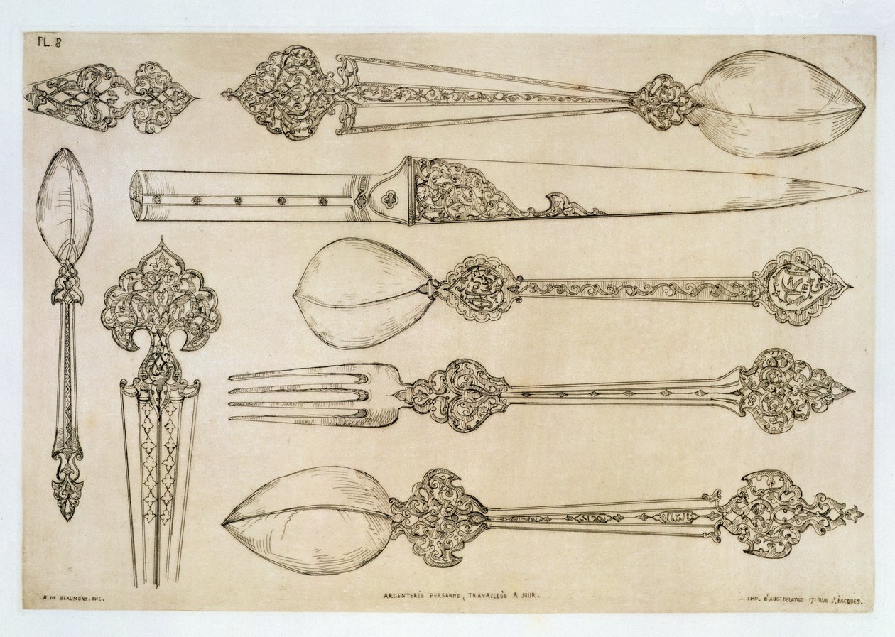 1857年、パリのDelatreによって公開された「芸術と産業」からの日常の銀食器用のペルシャデザイン 作： ジャン・フランソワ・アルバニス・ド・ボーモン