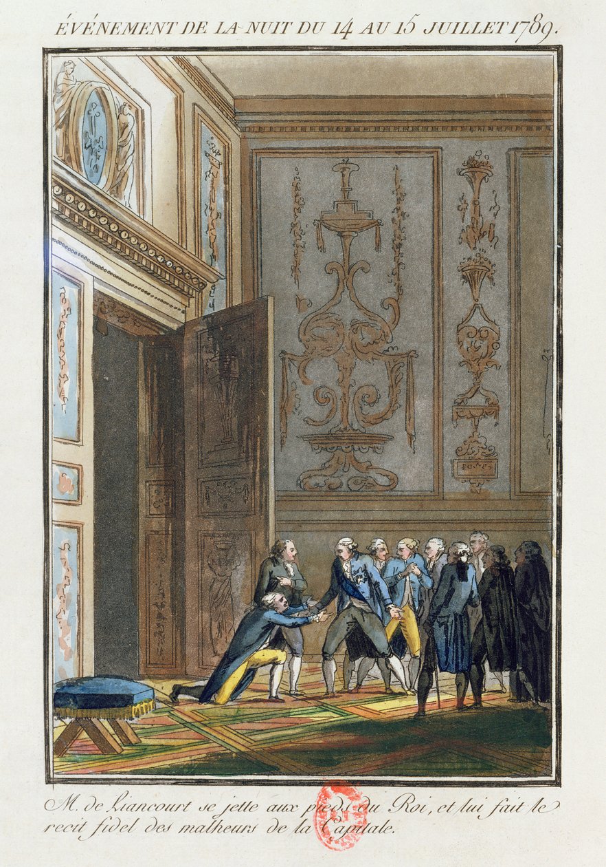 1789年7月14日にパリで開催されたイベントのベルサイユでルイ16世（1754-93）に告げるムッシュドリアンクール（1747-1827） 作： ジャン・フランソワ・ジャニネット