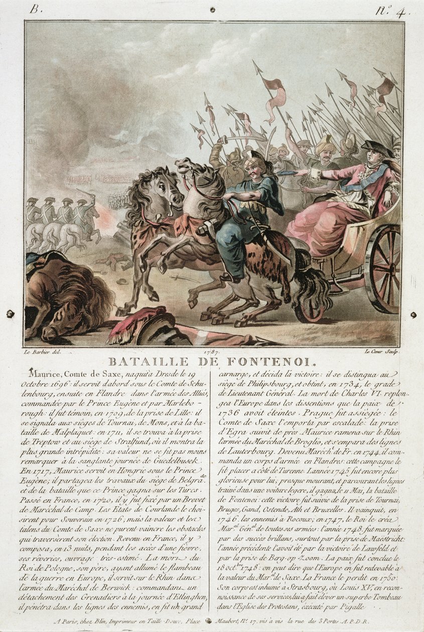 フォンテノワの戦い、1745年、ルイルクール（fl.1780-1800）、1787年に彫刻 作： ジャン・ジャック・フランソワ・ル・バルビエ