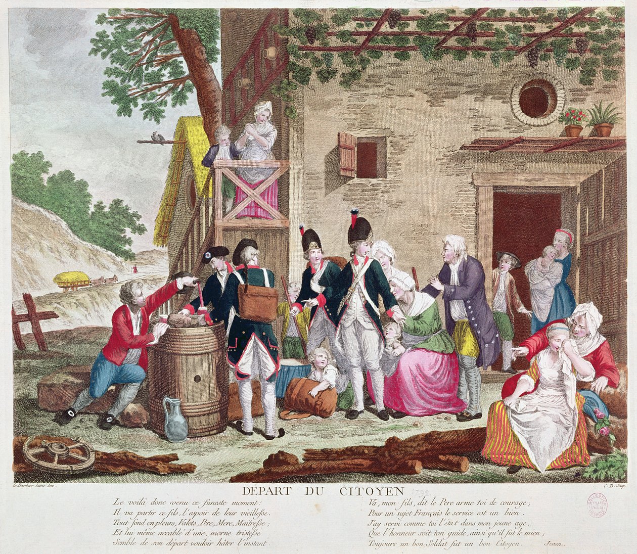 市民の出発、1792年（カラー彫刻）（250729も参照） 作： ジャン・ジャック・フランソワ・ル・バルビエ