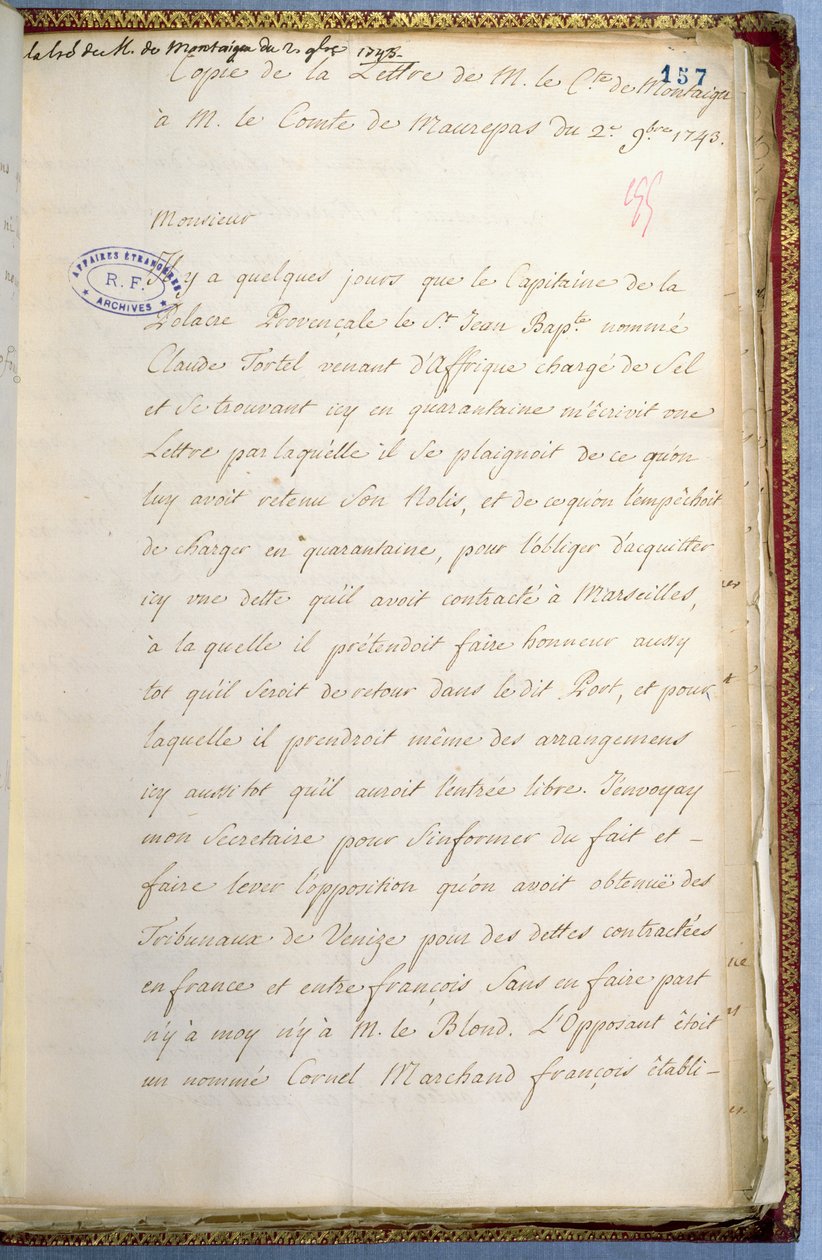 1743年10月、ヴェネツィアのフランス大使秘書官であるジャンジャックルソーが書いた手紙 作： ジャン・ジャック・ルソー