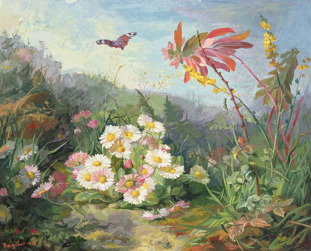 野生の花と蝶、1858年（段ボールにトイレとガッシュ） 作： ジャン・マリー・レニエ