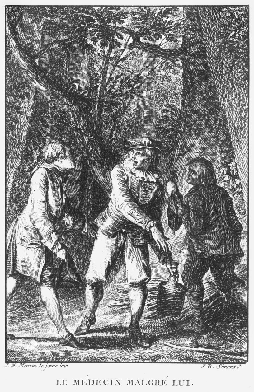 モリエール（1622-1673）として知られるジャンバプティストポケランの「ドクターインスピッツオブヒイムセルフ」（1666）のイラストをジャンバプティストシモネ（1742-1813）が彫刻 作： ジャン＝ミッシェル・ザ・ヤング・モロー