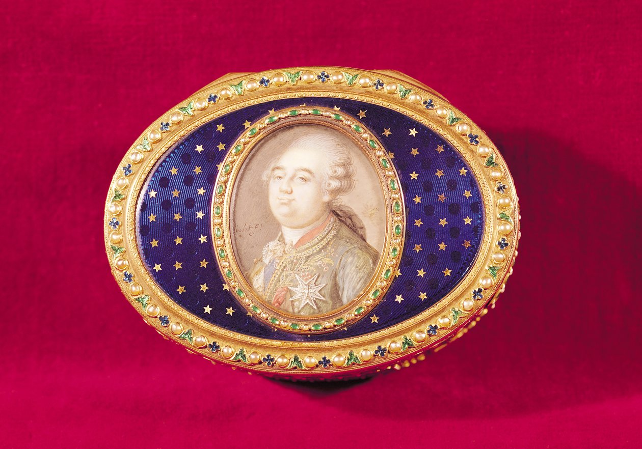 ピエールノエルバイオレット（1749-1819）によるアイボリーのルイ16世（1754-93）のポートレートミニチュア付きスナッフボックス（1749-1819）1780（ゴールド、エナメル、パール、エメラルド） 作： ジャン・ニコラス・ムニエール