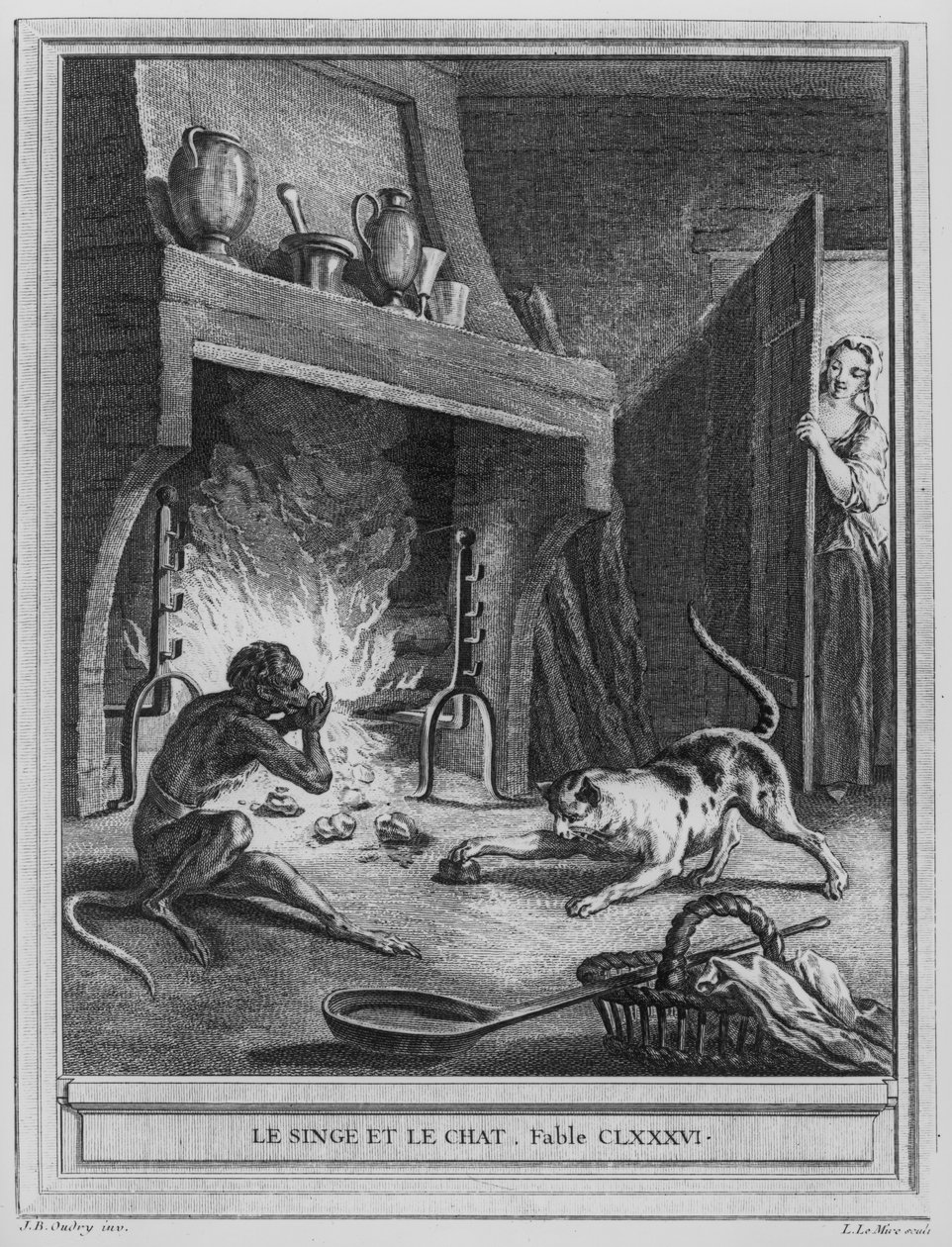 サルと猫、ルイルミル（1736-57）によって彫刻されたジャンドゥラフォンテーヌ（1621-95）による「寓話」のイラスト 作： ジャン・バプティスト・オードリー