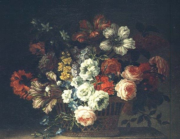 籠の中の花の静物画 作： ジャン＝バティスト・モノノワイエ