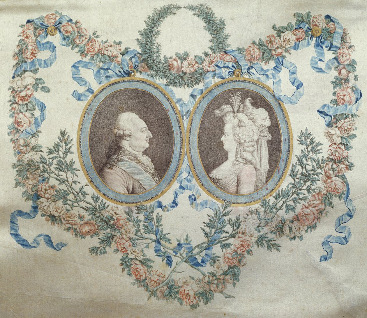 Louis XVI（1754-93）とMarie Antoinette（1752-93）を描いたBonbonniereの表紙、c.1785（シルク印刷） 作： ジャン・フランソワ・ジャニネット
