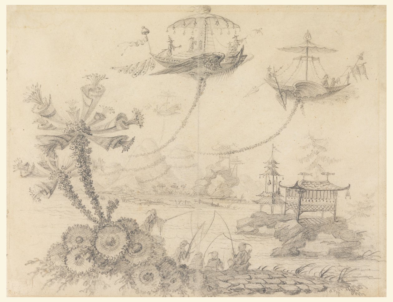 素描、シノワズリ・ファンタジー、1770-90年 作： ジャン・バプティスト・ピレメント