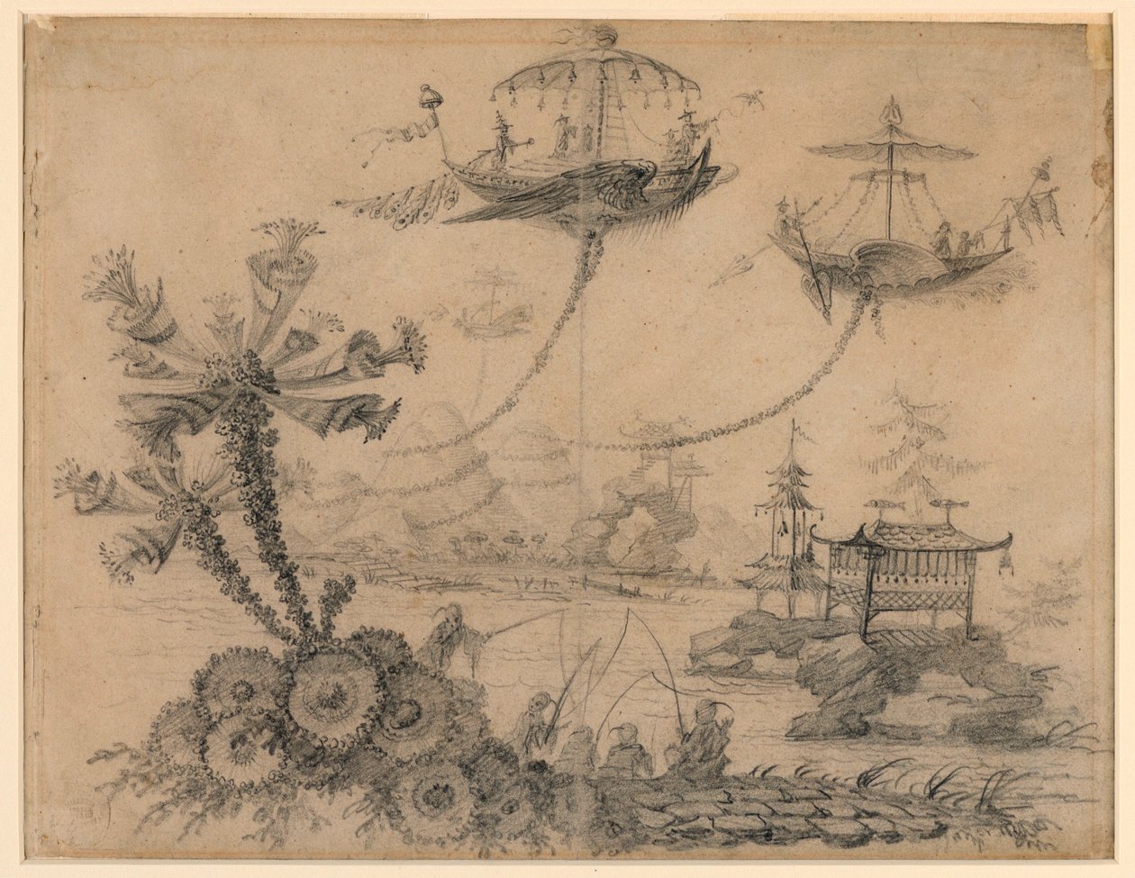 素描、シノワズリ・ファンタジー、1770-90年 作： ジャン・バプティスト・ピレメント