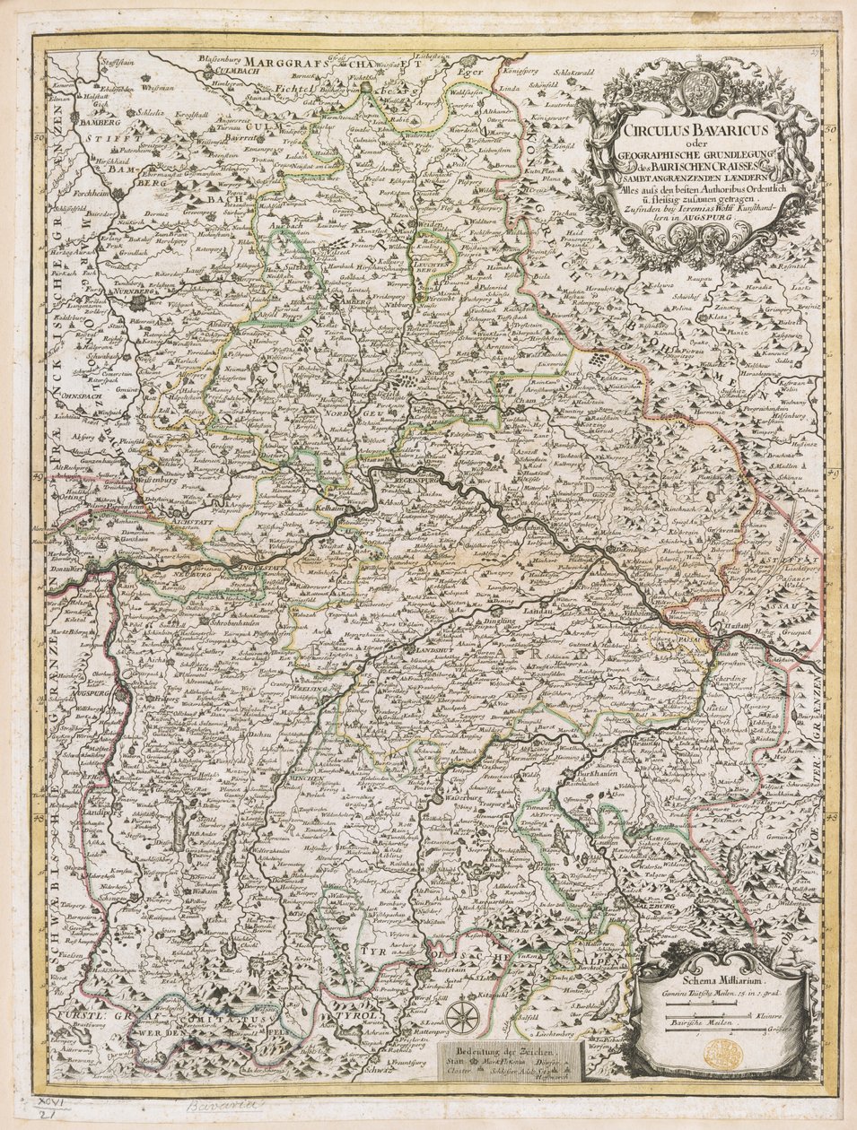 バイエルン州の地図、1695年頃（色付きの彫刻） 作： イェレミアス・ウルフ