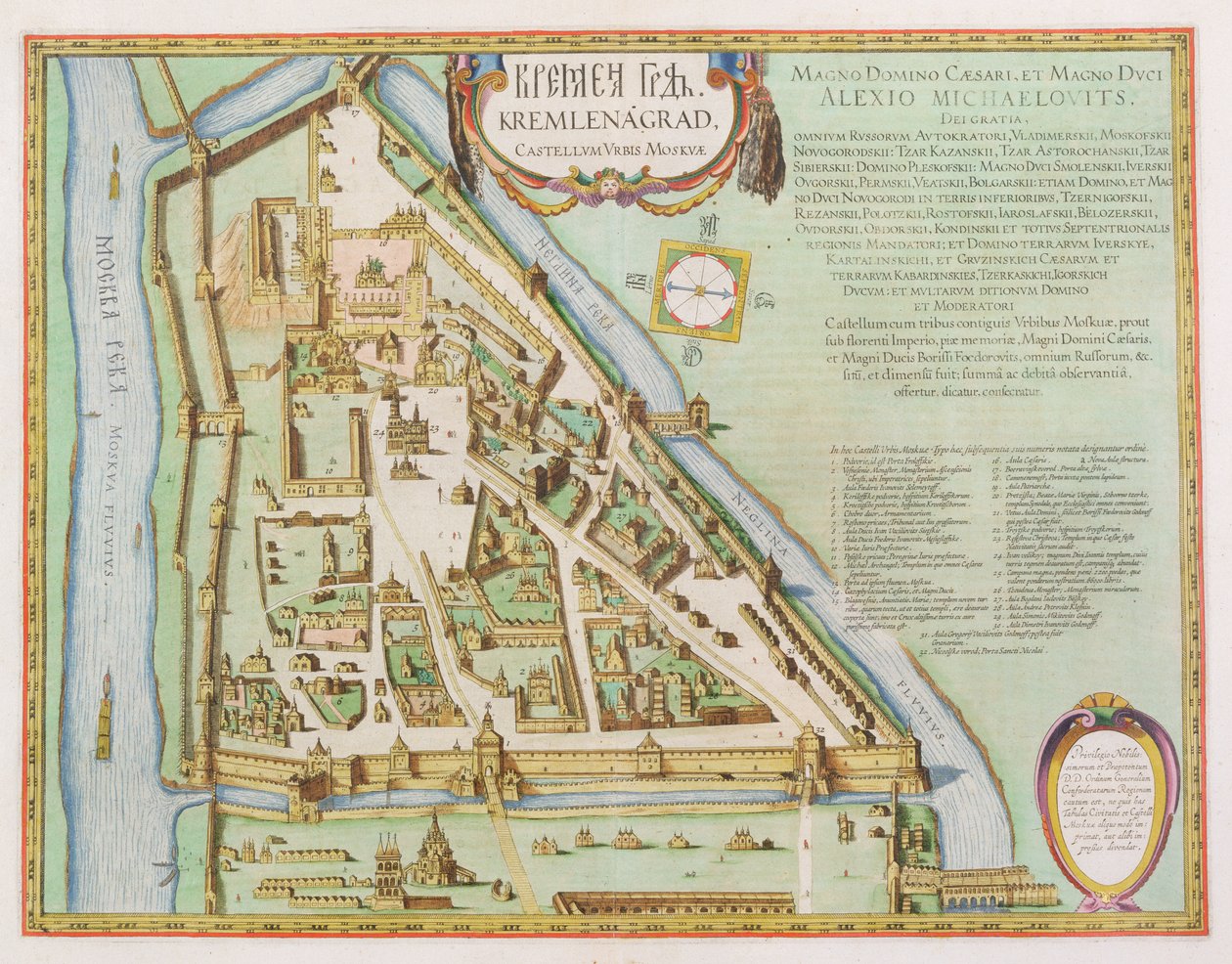 モスクワのクレムリンを示す地図、1662年（手描きのエッチング） 作： Joan Blaeu